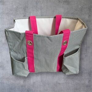 Thirty-One Organizing Utility Tote - Black & White Stripe Pattern w/Pink Straps